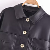 Women Leather Jacket Retro Lapels Double Pocket Shirt PU Leather Coat