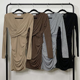 Women Dresses Brown V-neck Pleated Cross Dress Hip Skirt Long Sleeve Short Dress