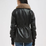 Women Leather Jacket Autumn and Winter Fur Collar Waistband Mid-Length Thick Fur Coat