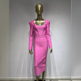 Women Dresses Elegant Bandage Dress Magenta Long Sleeve Square-Neck White Collar Dress (Ont0408)