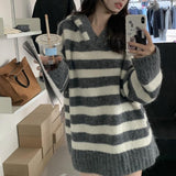 Women Knitwear Autumn and Winter Striped Hooded Sweater Loose Sweater