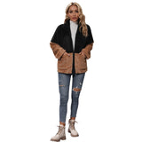 Women Trench Coat Lapel Long Sleeve Loose Color Matching Zipper Thickening Double-Sided Velvet Casual Jacket
