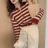 Women Knitwear Autumn Winter Retro Striped round Neck Sweaters Cardigan