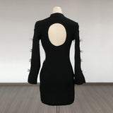 Women's Evening Dress Black Long Sleeve Bowknot Hollow-out Midriff Mini Skirt Sheath Bandage One-Piece Dress