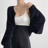 Women Sweater Knitwear Sexy Short Navel Knitted Top High Waist Loose Plush Cardigan Coat