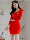 Women Maxi Dress Fall/Winter Square Collar Puff Sleeve Slim Fit Sheath Dress