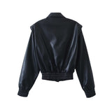 Women Leather Jacket Casual Polo Collar Leather Coat Fall Slim Fit Jacket Pu Top