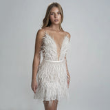 Harlem Night Attire Autumn Winter Sexy Backless Party Dress V-neck Feather Suspender Dress