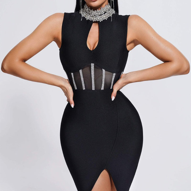 Women Evening Dress High Neck Sexy Hollow Mesh Bandage One-Piece Dress