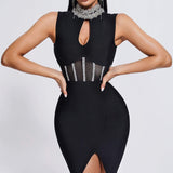 Women Evening Dress High Neck Sexy Hollow Mesh Bandage One-Piece Dress