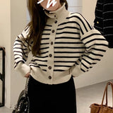 Women Knitted Cardigan Turtleneck Coat Autumn and Winter Striped Knitted Sweater