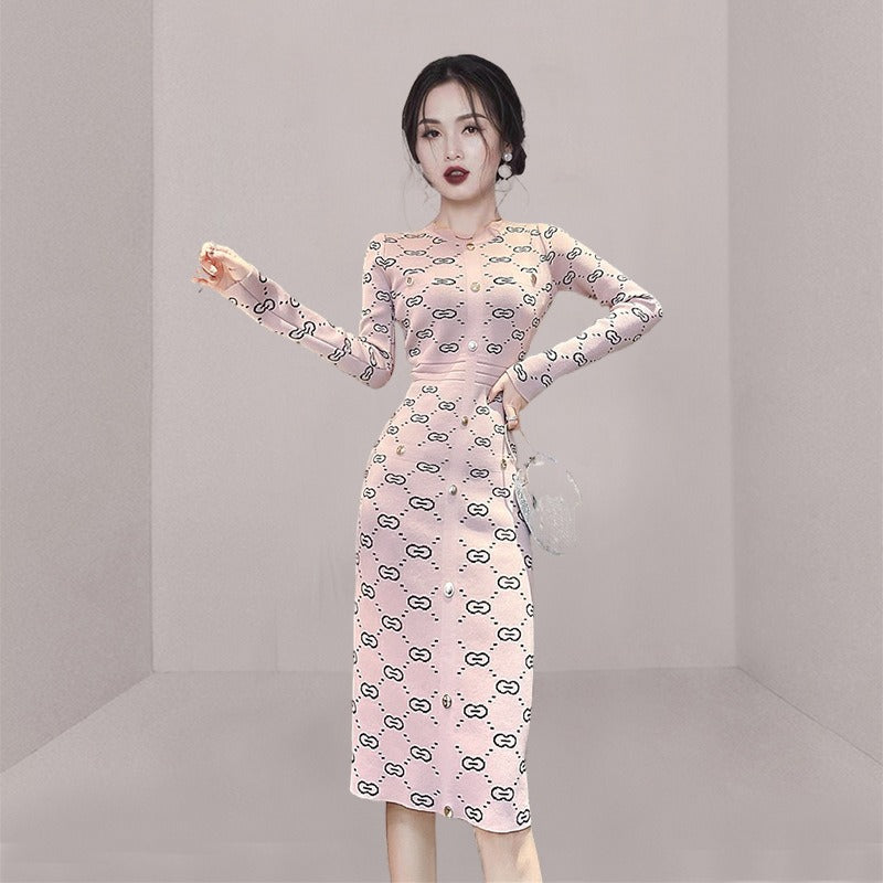 Women Maxi Dress Autumn and Winter Long Sleeve Slim Fit Hip Knitwear Dress