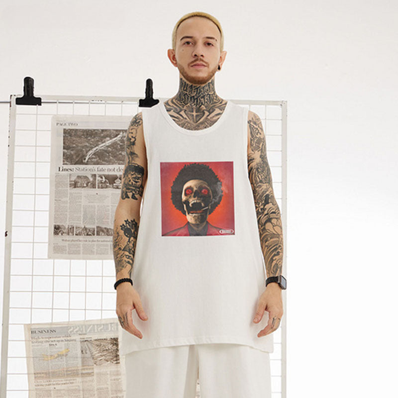 Men Vest Hip Hop Rock Skull Print Sports Sleeveless T-shirt Men's Oversize Basketball Vest