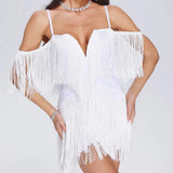 Women Evening Dress Sexy Tassel V-neck Strap Backless Bandage Evening Dress