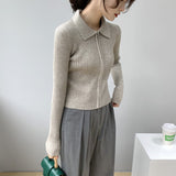 Women Cardigan Sweater Zipper and Lapel Knitted Cardigan 8t8060