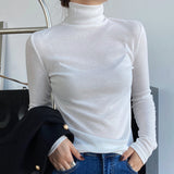 Women T Shirt High Collar Slim Fit Long Sleeves T-shirt Top