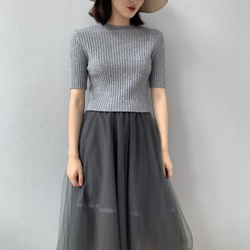 Women Knitted T-shirt Short Slim-Fit Knitted Top