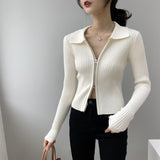 Women Cardigan Sweater Zipper and Lapel Knitted Cardigan 8t8060