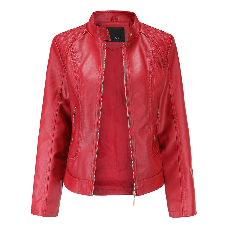 Red Leather Jacket Spring and Autumn Women's Leather Jacket Stand Collar PU Leather Women's Leather Jacket