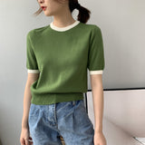 Women Knitted T-shirt Autumn round Neck Short Sweater Top