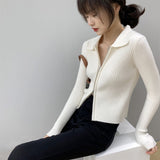 Women Cardigan Sweater Zipper and Lapel Knitted Cardigan 8t8060