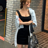 Women Dresses Hip Skirt Four Seasons Sexy U Collar Slim Fit Sweater Vest Dress