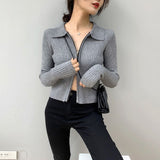 Women Cardigan Sweater Zipper and Lapel Knitted Cardigan 8t8060