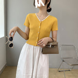 Women Knitted T-shirt Summer V-neck Cardigan Top