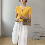 Women Knitted T-shirt Summer V-neck Cardigan Top