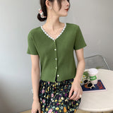 Women Knitted T-shirt Summer V-neck Cardigan Top