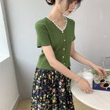 Women Knitted T-shirt Summer V-neck Cardigan Top