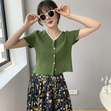 Women Knitted T-shirt Summer V-neck Cardigan Top