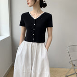Women Knitted T-shirt Summer V-neck Cardigan Top