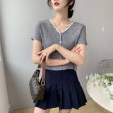Women Knitted T-shirt Summer V-neck Cardigan Top