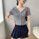 Women Knitted T-shirt Summer V-neck Cardigan Top