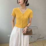 Women Knitted T-shirt Summer V-neck Cardigan Top