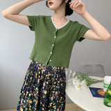 Women Knitted T-shirt Summer V-neck Cardigan Top