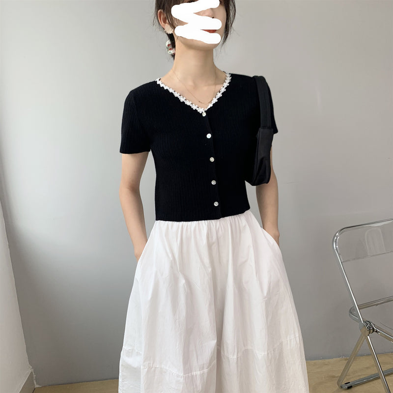 Women Knitted T-shirt Summer V-neck Cardigan Top