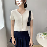 Women Knitted T-shirt Summer V-neck Cardigan Top