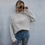 Women Knitted Sweater Women's Loose off-Shoulder Ripped Long Sleeves Turtleneck Autumn Knitted Sweater