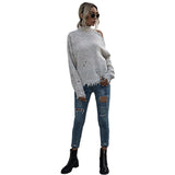 Women Knitted Sweater Women's Loose off-Shoulder Ripped Long Sleeves Turtleneck Autumn Knitted Sweater