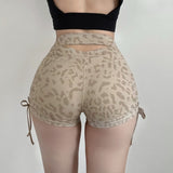 Women Yoga Sports Shorts Leopard Print Hollow out Peach Shorts Exercise Workout Pants