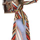 Women Trench Coat Autumn Rainbow Stripes Dress Large Coat