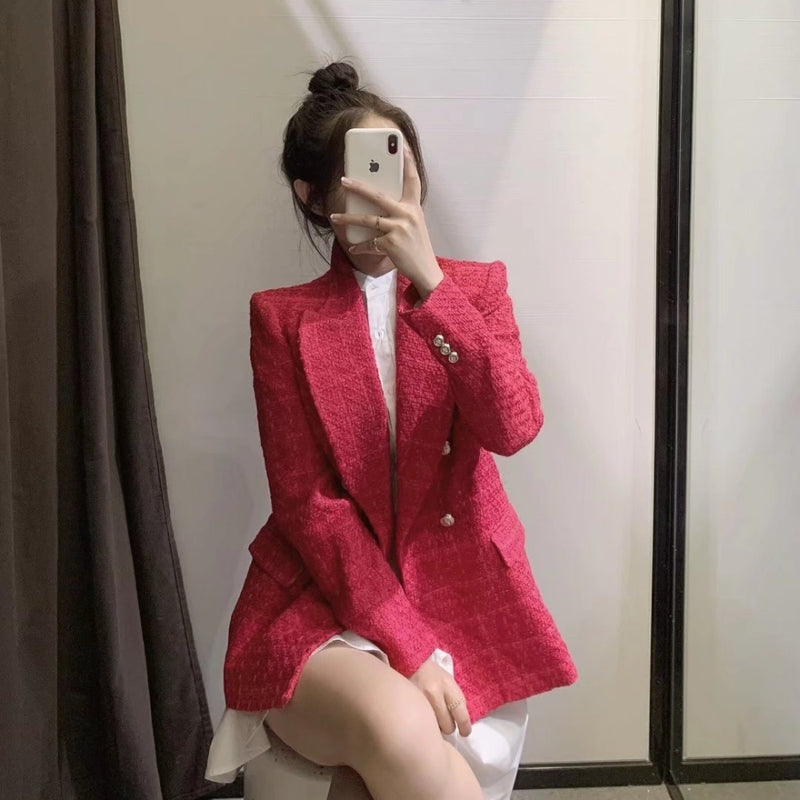 Women Suits Fall Lapels Long Sleeve Double Breasted Texture Slim Fit Blazer