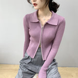 Women Cardigan Sweater Zipper and Lapel Knitted Cardigan 8t8060