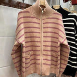 Women Knitted Cardigan Stand Collar Double Zipper Striped Knitted Cardigan