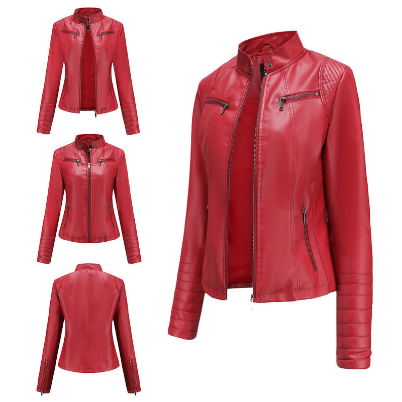 Red Leather Jacket Motorcycle Clothing Leather Coat Short Women's Jacket