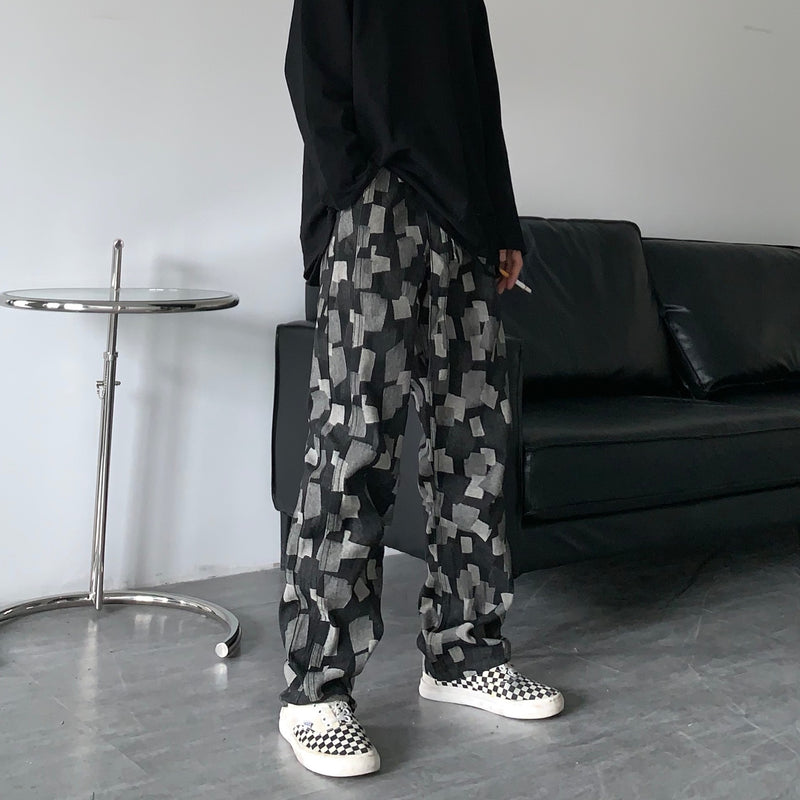 Men Jeans Straight Wide-Leg Pants Casual Loose Washed-out Denim Trousers