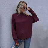 Women Knitted Sweater Women's Loose off-Shoulder Ripped Long Sleeves Turtleneck Autumn Knitted Sweater