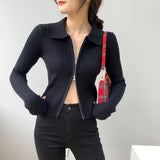 Women Cardigan Sweater Zipper and Lapel Knitted Cardigan 8t8060
